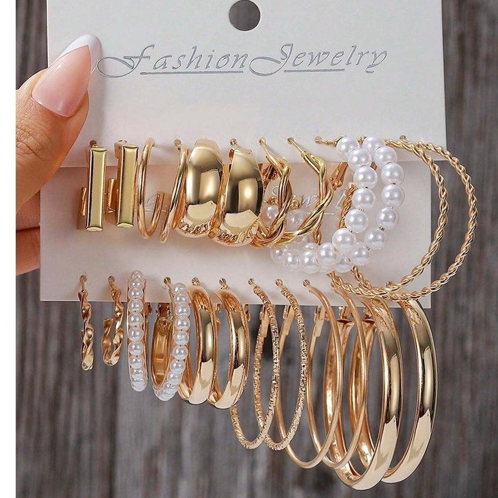 New 24 pieces gold fashion hoop‎ earrings mixed lot set Pearl Geometric Square